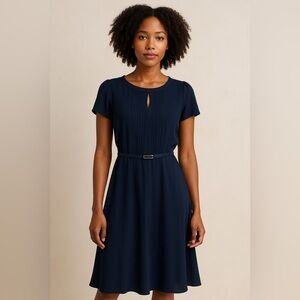 Julio Women’s Size 8 Navy Blue Belted Fit & Flare Dress Short Sleeve Pleated